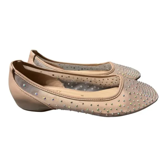 Beige Crystal Embellished Mesh Follis Strass Ballerina Flats - Picture 4 of 12
